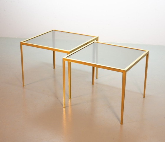Image 1 of Elegant Hollywood Regency Minimalistic Solid Brass Side Tables with Smokey Glass Top by Vereinigte Werkstätten. Set of 2. 1970s.