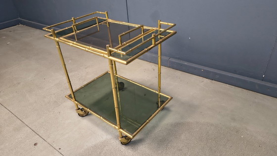 Image 1 of Chariot de service vintage en laiton imitation bambou, années 1960