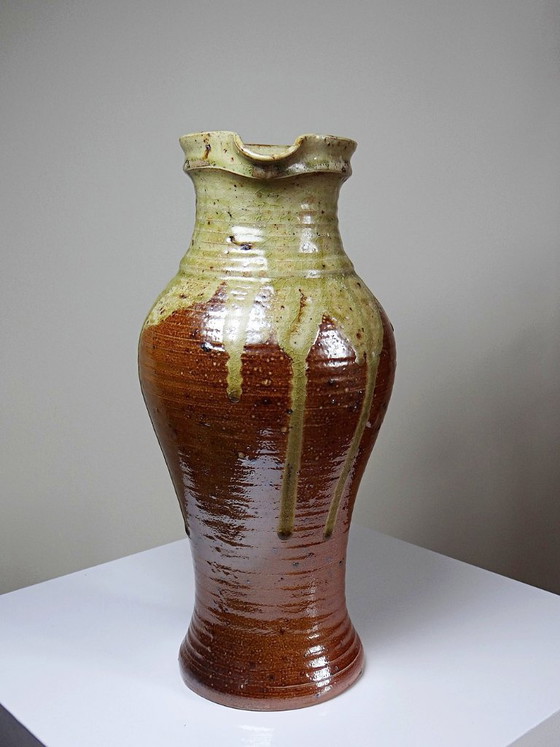 Image 1 of Impressive French stoneware pitcher from the 1960s-70s with a Japanese-inspired ash glaze