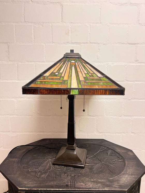 Image 1 of Large Tiffany Style Pyramid Art Deco Table Lamp, Library Lamp