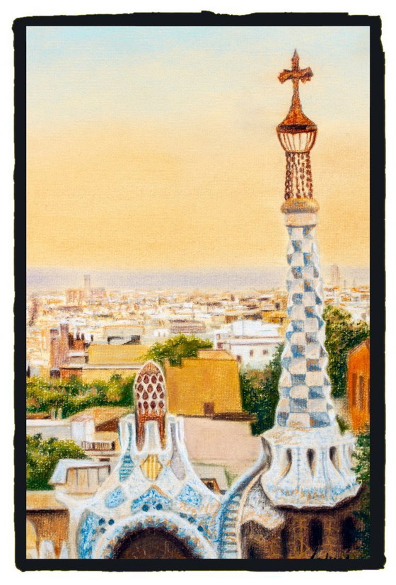 Image 1 of Drawing of Barcelona as seen from Park Güell. Park Güell drawing. Pastel drawing of Barcelona. Painting of Barcelona.