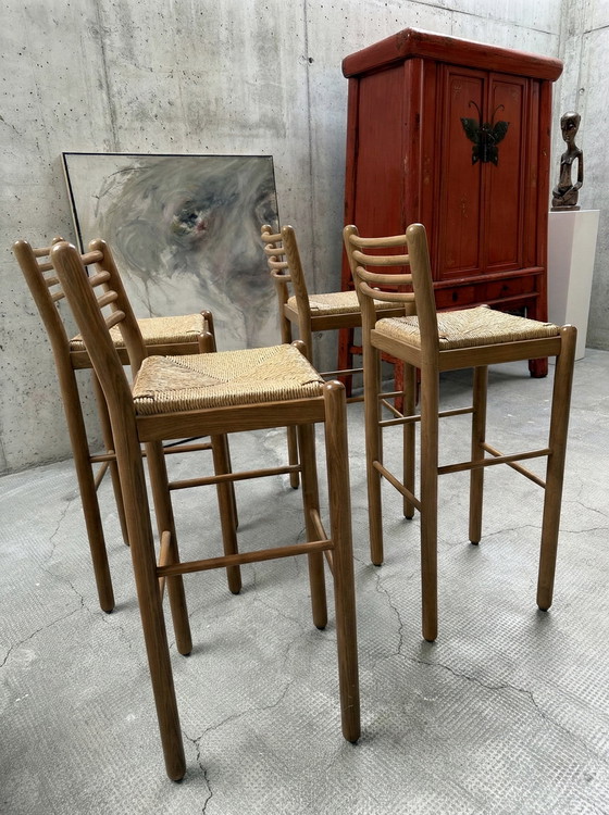 Image 1 of 4x SGABELLI DA BAR IN VIMINI DI ROVERE MASSELLO