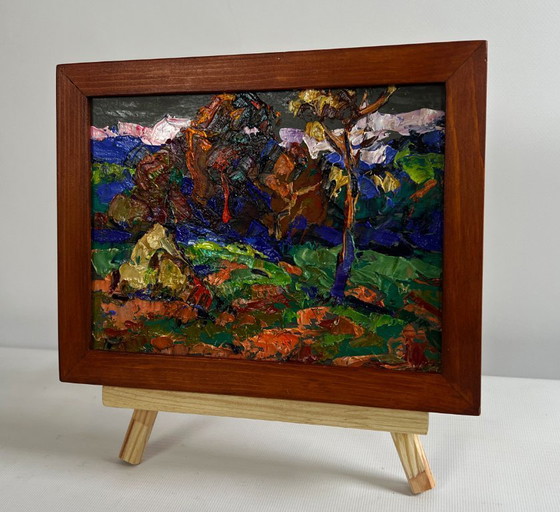 Image 1 of Original Oil Painting Autumn Forest Landscape Outside the village