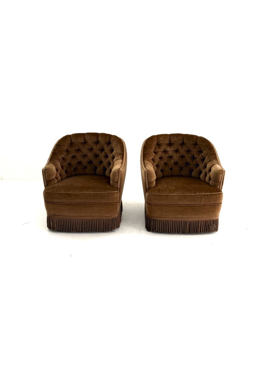 Set Van 2 Vintage Velours Fauteuil, Frankrijk ‘60 – Wood, Textile (photo 9 of 10)