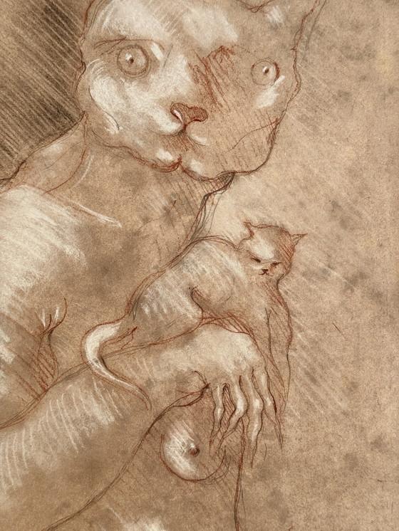 Image 1 of Robert Detheux- Wunderschönes surrealistisches Gemälde mit Katze