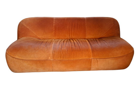 Image 1 of Vintage 1970s Set: 3-Seater Sofa + Orange Velvet Armchair