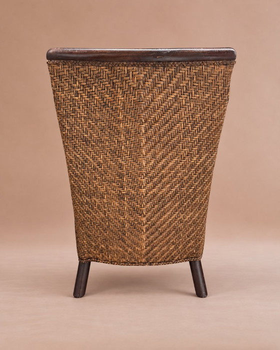 Two vintage armchairs in wicker and leather, Wood, Brown (photo 2 of 5)