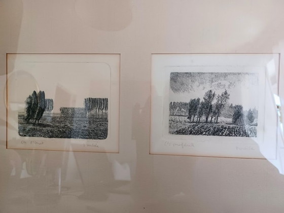 Image 1 of  P. Verbeke duo‑ets Vlaams landschap – authentieke academische grafiek – minimalistische kunst – jaren ’60–’80