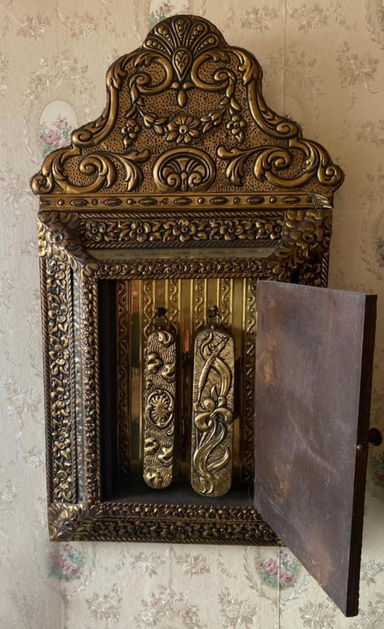 Image 1 of Antique hall brush cabinet with mirror – repoussé brass