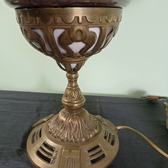 Antique Art Deco Table Lamp with Hand-Painted Earthenware – ca. 1920/1930 (Original Shade) – Bronze (photo 6 of 6)