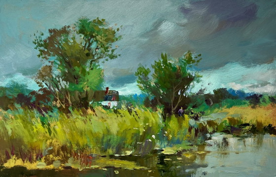 Image 1 of Pintura al óleo original Paisaje costero gris en las afueras del pueblo.