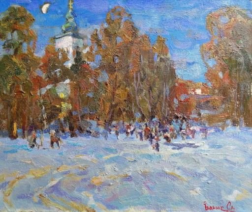 Origineel olieverfschilderij Winterlandschap Tempel Kerk Feest Waterdoop