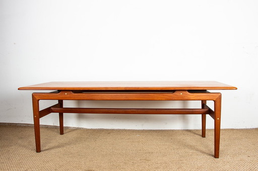 Grande Table basse Danoise en teck avec 2 ranges documents latéraux 1960.