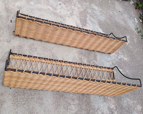Image 1 of Pair of Vintage Raoul Guys Rattan Wall Shelves, French Mid Century Woven Bamboo Shelving, Boho Modernist Decor