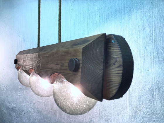 Image 1 of Hanglamp van Temde, gemaakt van hout en glas, met drie lichtpunten, in brutalistische stijl uit de jaren 70.