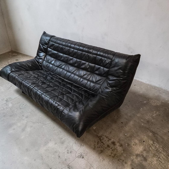Image 1 of Vintage designer leather 3-seater sofa, couch, Rolf Benz, 1970s/1980s, modern design, black