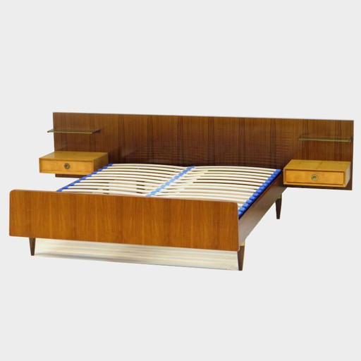 Vintage bed with bedside tables in teak and maple, 1960s