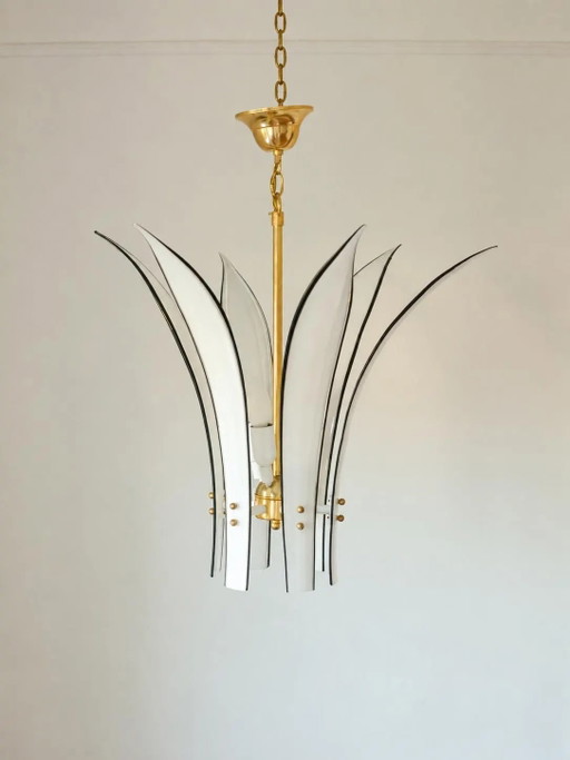 Genuine Vistosi Palms Murano Glass Chandelier, 1970s Italian Brass, 6 Leaves, 4 Lights