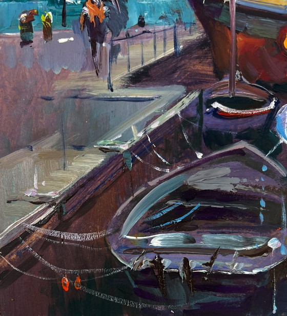 Image 1 of Original Oil Painting Gloomy Houses Landscape Boats bob at the city pier