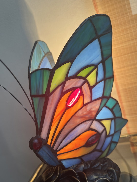 Image 1 of Set Of 2 Stained Glass Table Lamps Butterfly Lamps