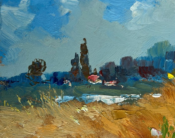 Image 1 of Original Oil Painting Summer Field Landscape Sunflowers reach for the sky