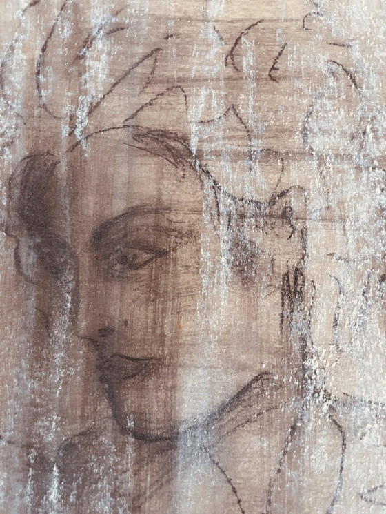 Image 1 of Dibujo a carboncillo, firmado, retrato femenino del siglo XIX