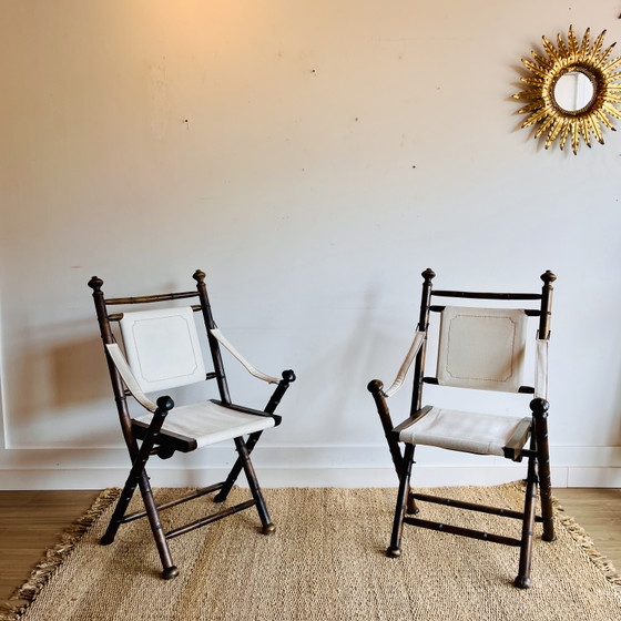 2 vintage campagne stoelen faux bamboo | jaren 70/80 Vintage – Eetkamerstoelen, Canvas, Wood (photo 4 of 12)