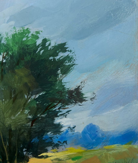 Image 1 of Peinture à l'huile originale représentant un paysage côtier d'été, avec un pêcheur près d'un arbre solitaire.