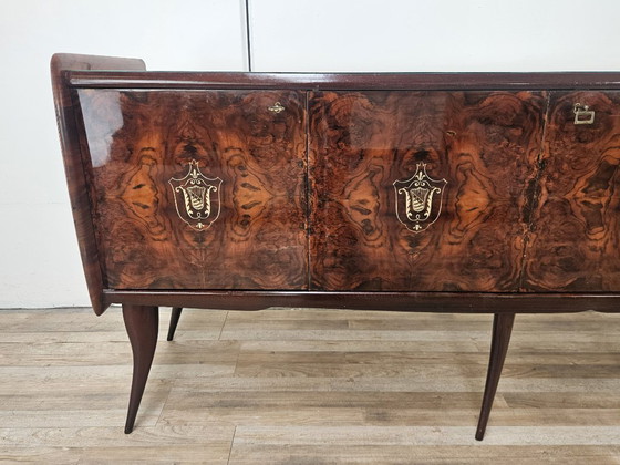 Image 1 of Mid-Century Mahogany Sideboard with Teal Glass and Compartments with Drawers, 1950