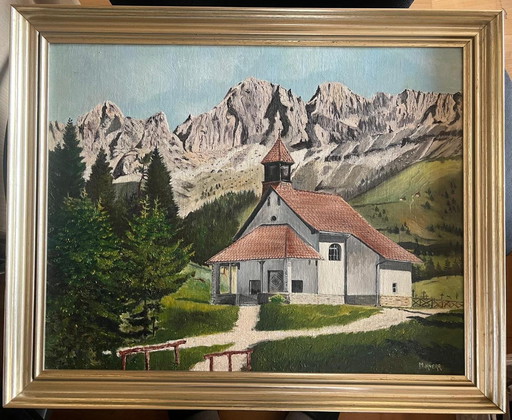 Peinture à l'huile - Paysage alpin avec église Signé M. Knerr 56 × 46 cm Avec cadre
