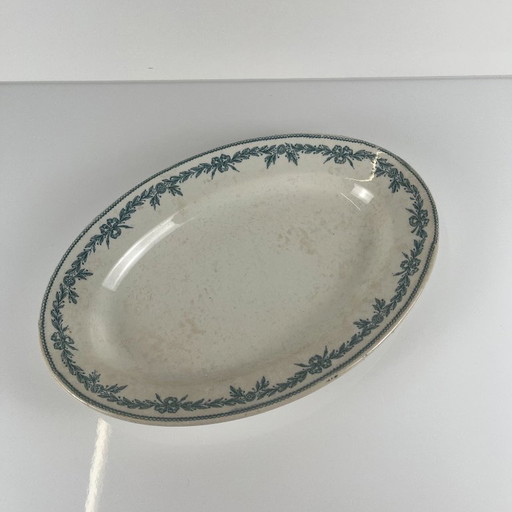Ovale ijzerstenen schotel, "Lauriers"-patroon, door Moulins des loups - Hamage, 1900