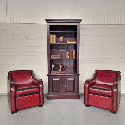 Crawley Classic Chesterfield Armchairs Set - Antique Red, Leather