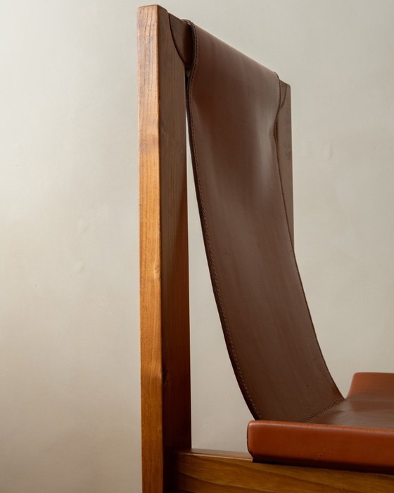 Image 1 of Brutalistische iep en lederen eetkamerstoelen van Giovanni Luigi Gorgoni voor Roche Bobois, jaren 70, set van 7