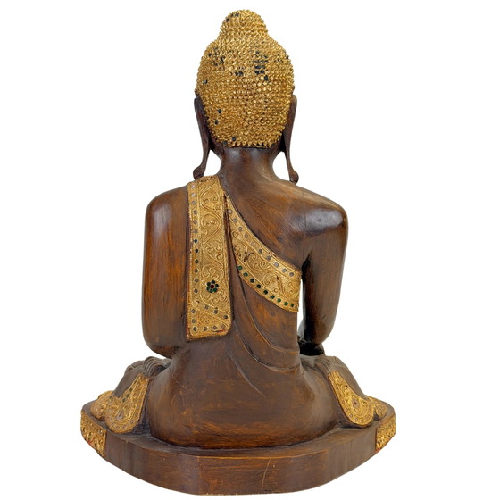 Antique Burmese Mandalay Wooden Buddha – Bhumisparsha – c. – Sculpture, Glass (photo 12 of 23)