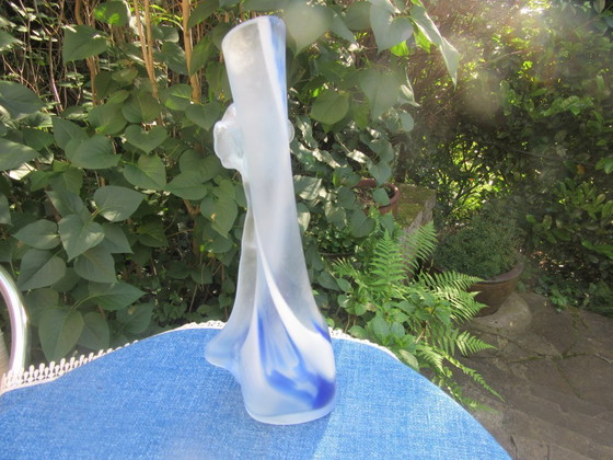 Image 1 of Swirled Frosted Blue Heavy Glass Bud Vase Art Nouveau inspired, vintagefron