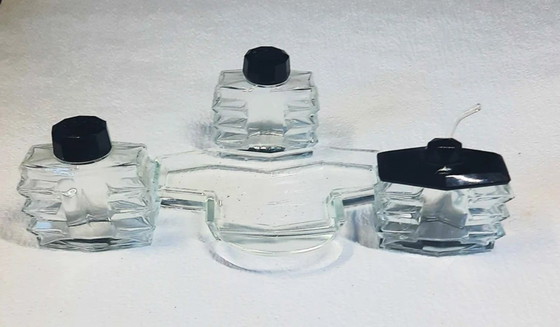 Image 1 of (W002) Set da menage in cristallo di Boemia Art Déco vintage – Dettagli in vetro nero, anni '30