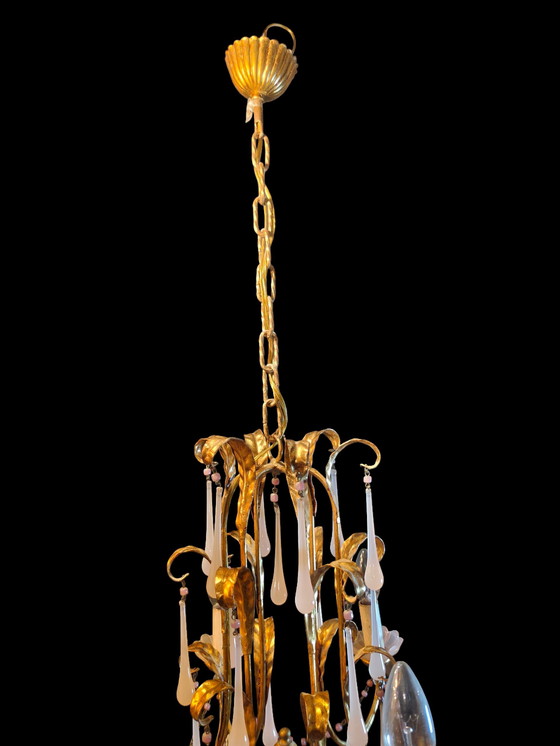 Image 1 of Murano-style pink opal glass lighting set – 6-light chandelier + 2 wall lights