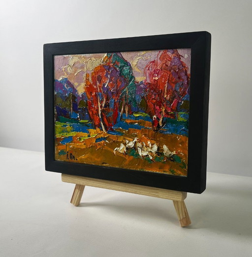 Original Oil Painting Fall Forest Landscape Autumn touches the field