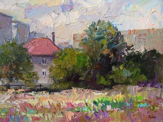 Peinture à l'huile originale Paysage urbain Maison d'été Paradis – Peintures et dessins, Canvas (photo 5 of 8)