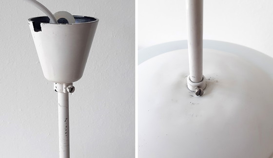 Image 1 of Vintage hanglamp wit matglas met wit metalen armatuur, mcm lamp, glazen schoollamp