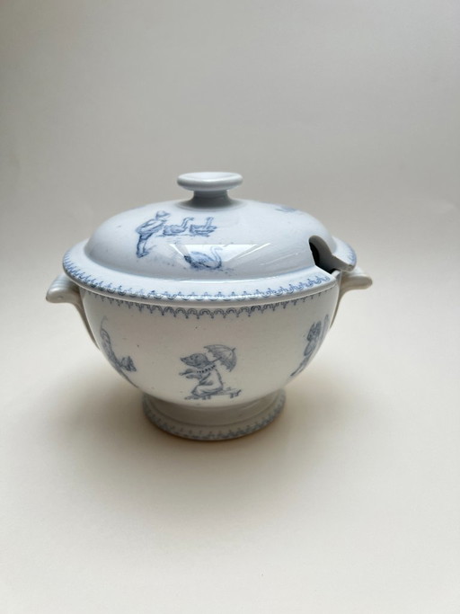 Antiguo U&C Sarreguemines Passe Temps Sopa Tureen Écuelle Loza Francesa Terre de Fer Faience Faience