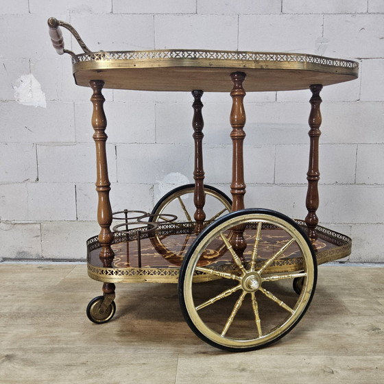 Vintage Italian Bar Cart (inlay work) romantic, Brass, Wood, Brown (photo 3 of 15)