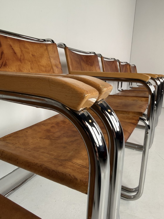 Image 1 of 6 x Thonet S34 tubular frame chairs cognac leather