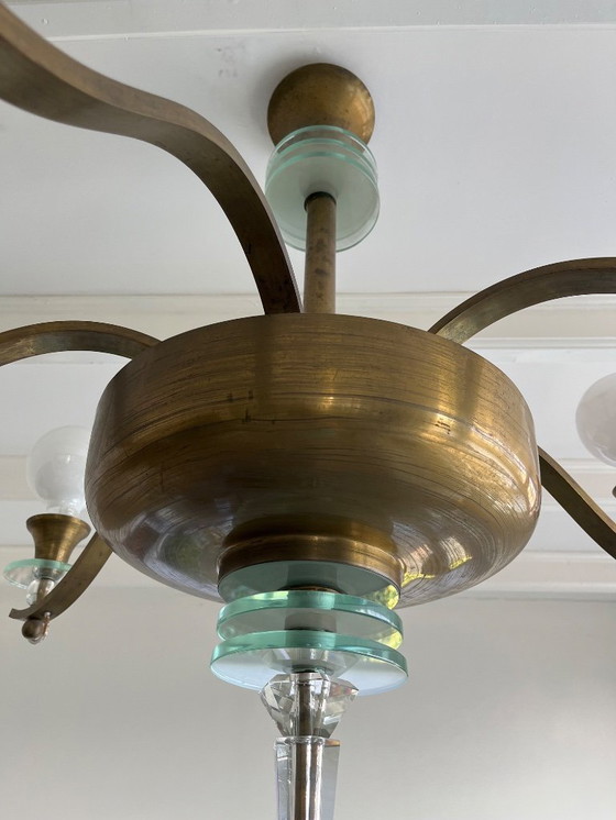 Image 1 of Beautiful large Art Deco chandelier (6-arms) - 1930s - Brass & Glass