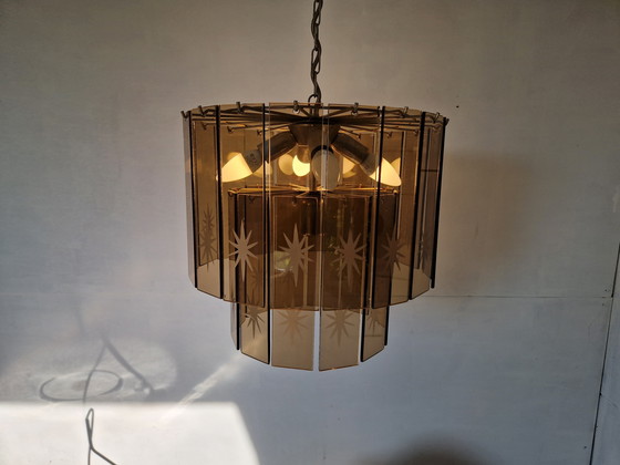 Image 1 of Lámpara de araña en cascada de cristal ahumado estilo Regency