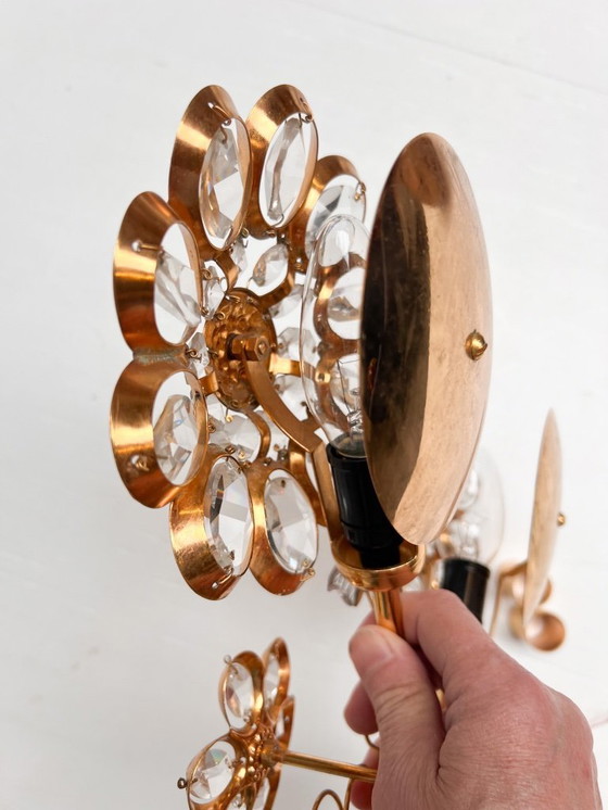 Image 1 of Brass and crystal Art Deco wall lamp attributed to PALWA, 1960s