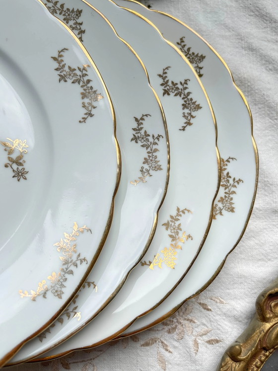 6 J&Ciem France 1950 Witte vergulde florale porseleinen dinerborden – Servies, Porcelain (photo 2 of 9)