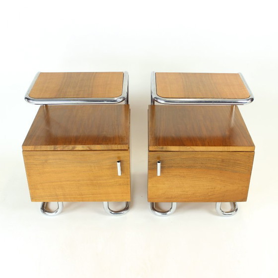 Image 1 of Ensemble de 2 tables de chevet en chrome et noyer, Vichr & Spol, Tchécoslovaquie, années 1950