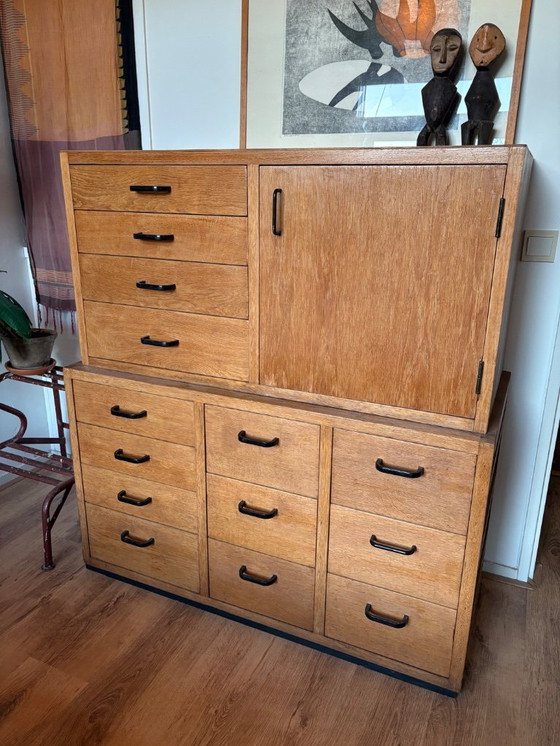 Image 1 of Twee Eiken Vintage Modernist Ladekasten Uit Drukkerij