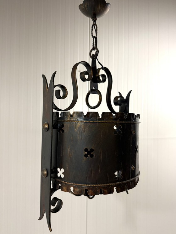 Brutalist classic castle style iron pendant lamp 1960s, Metal, Black, Rustic (photo 11 of 13)